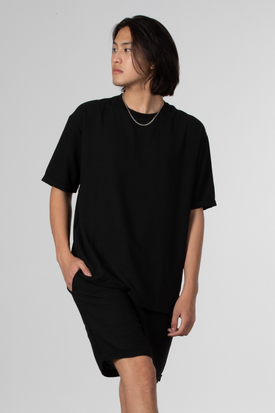 Yandan fermuarlı keten t-shirt-9043 Siyah