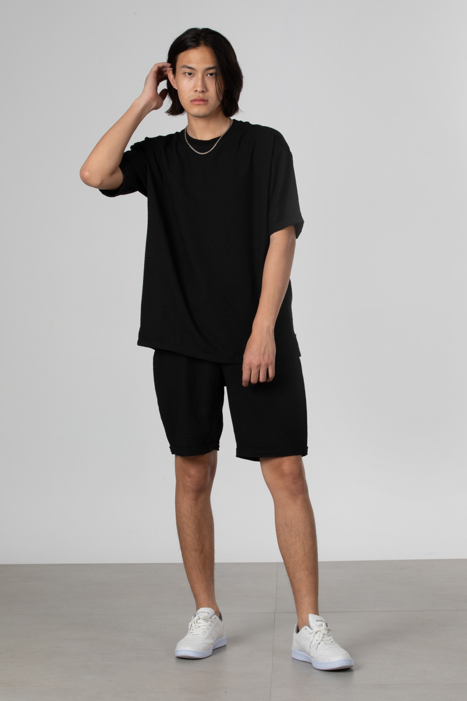 Yandan fermuarlı keten t-shirt-9043 Siyah