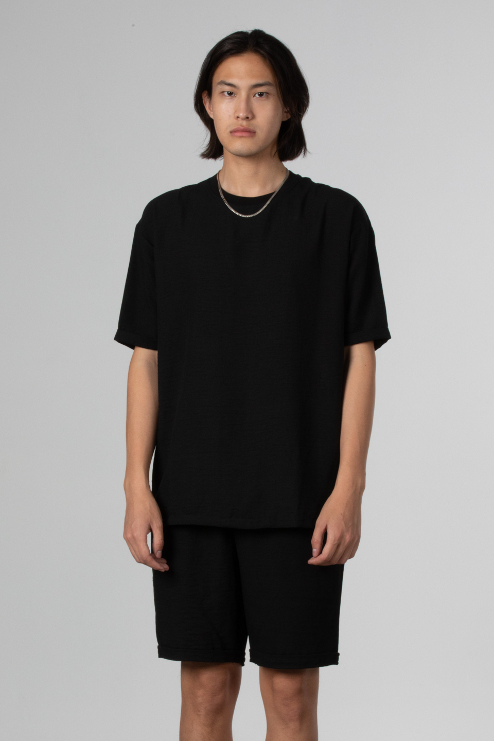 Yandan fermuarlı keten t-shirt-9043 Siyah