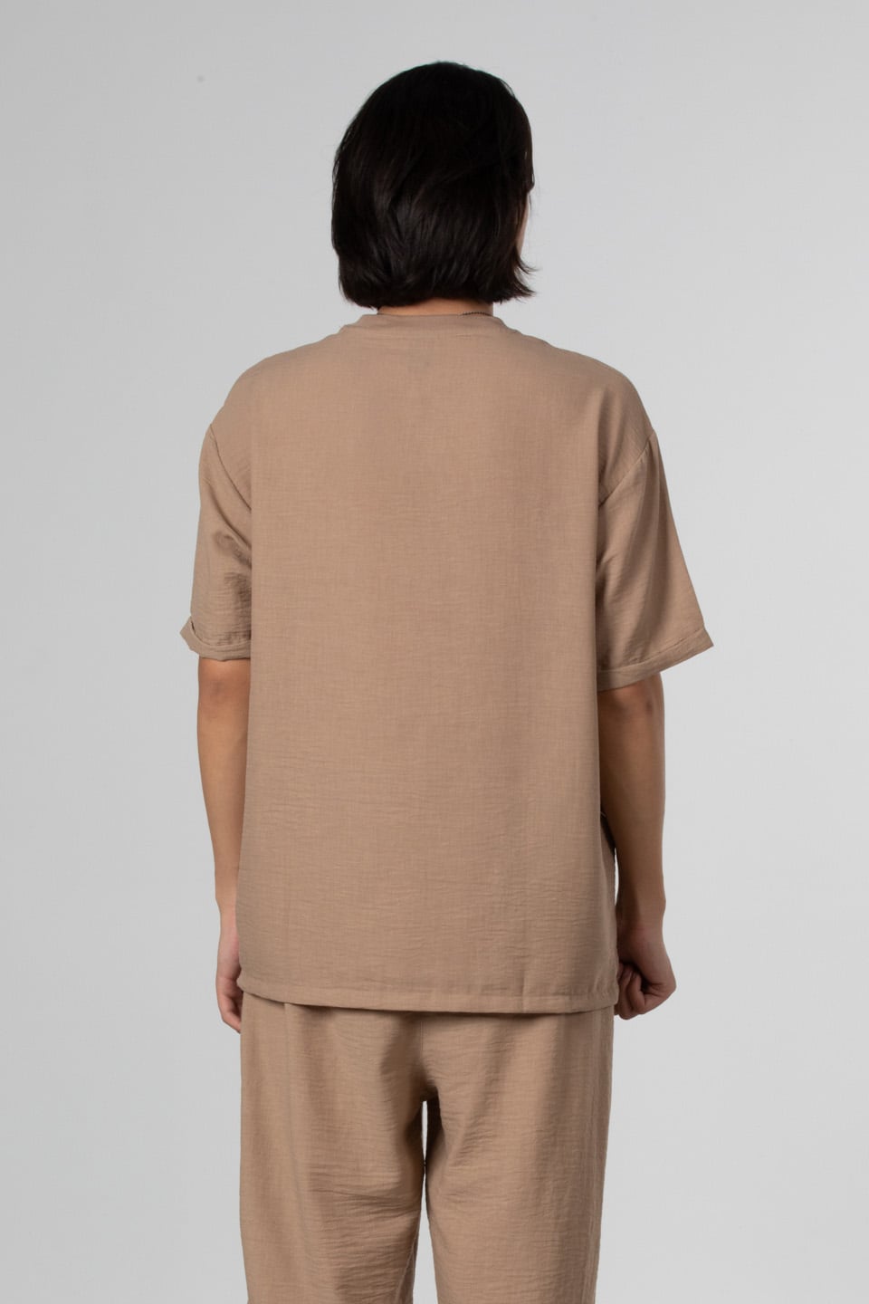 Yandan fermuarlı keten t-shirt-9043 Toprak