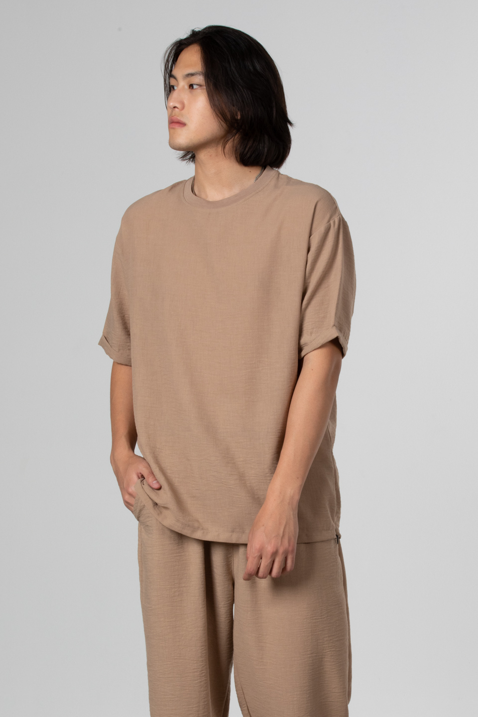 Yandan fermuarlı keten t-shirt-9043 Toprak