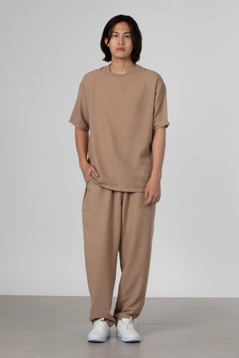 Yandan fermuarlı keten t-shirt-9043 Toprak