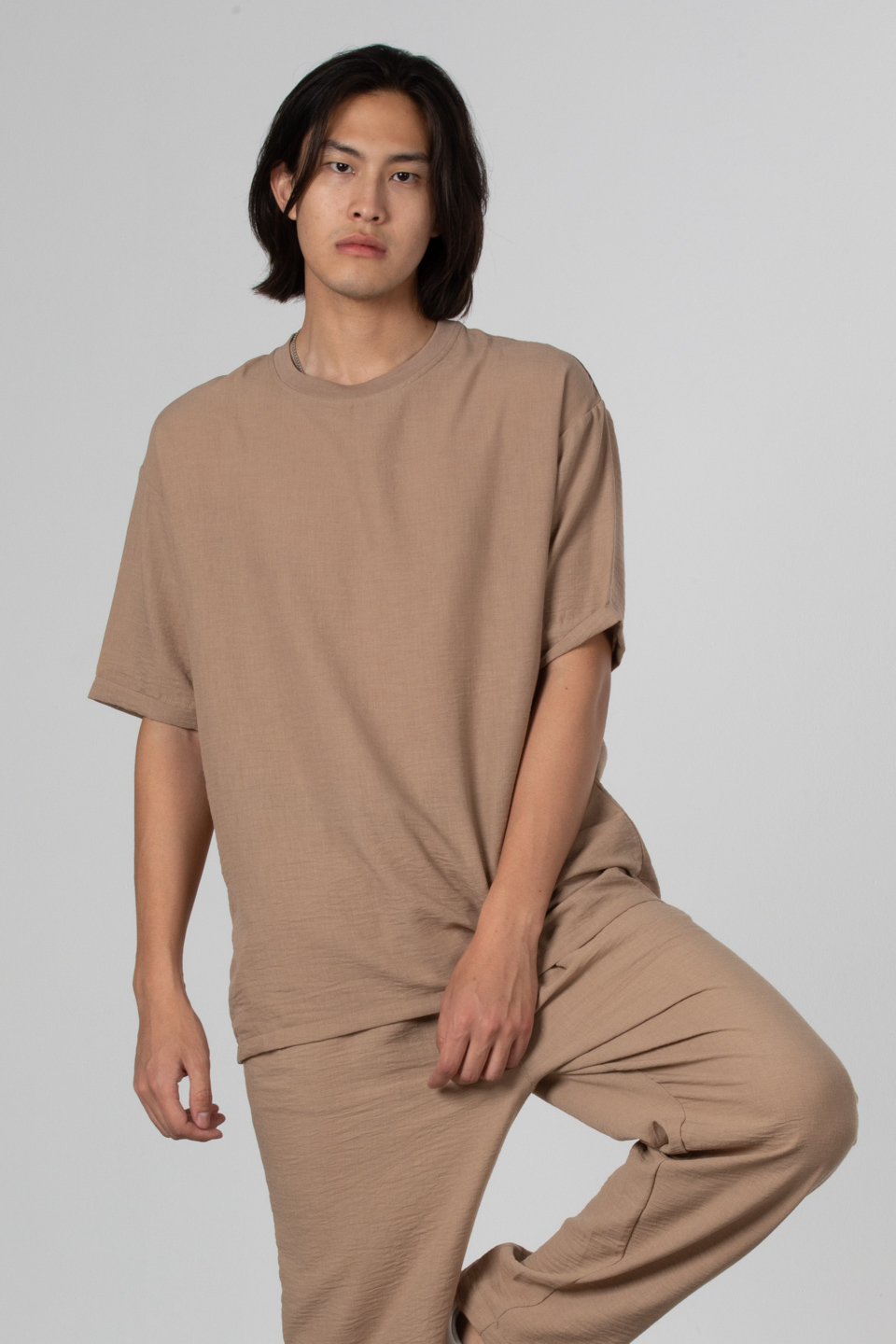 Yandan fermuarlı keten t-shirt-9043 Toprak