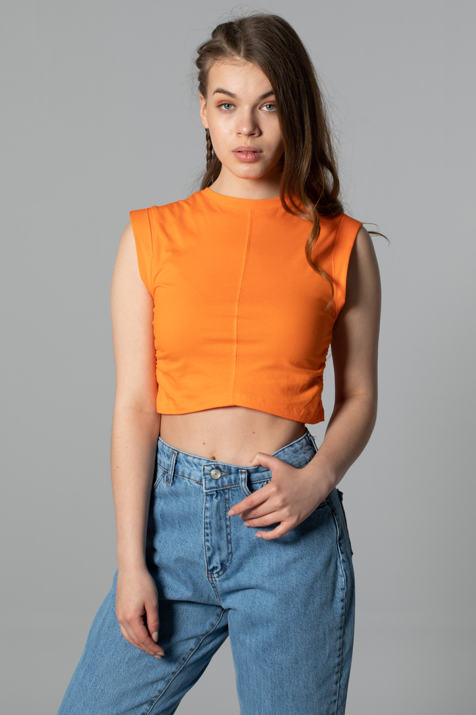 Yanı büzgülü kolsuz crop-6192 Oranj
