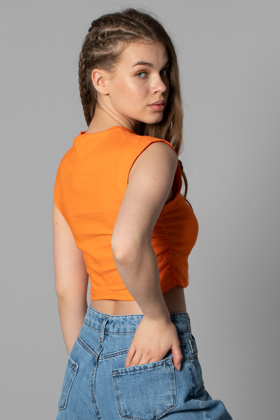 Yanı büzgülü kolsuz crop-6192 Oranj