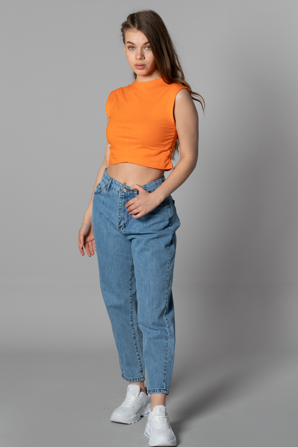Yanı büzgülü kolsuz crop-6192 Oranj
