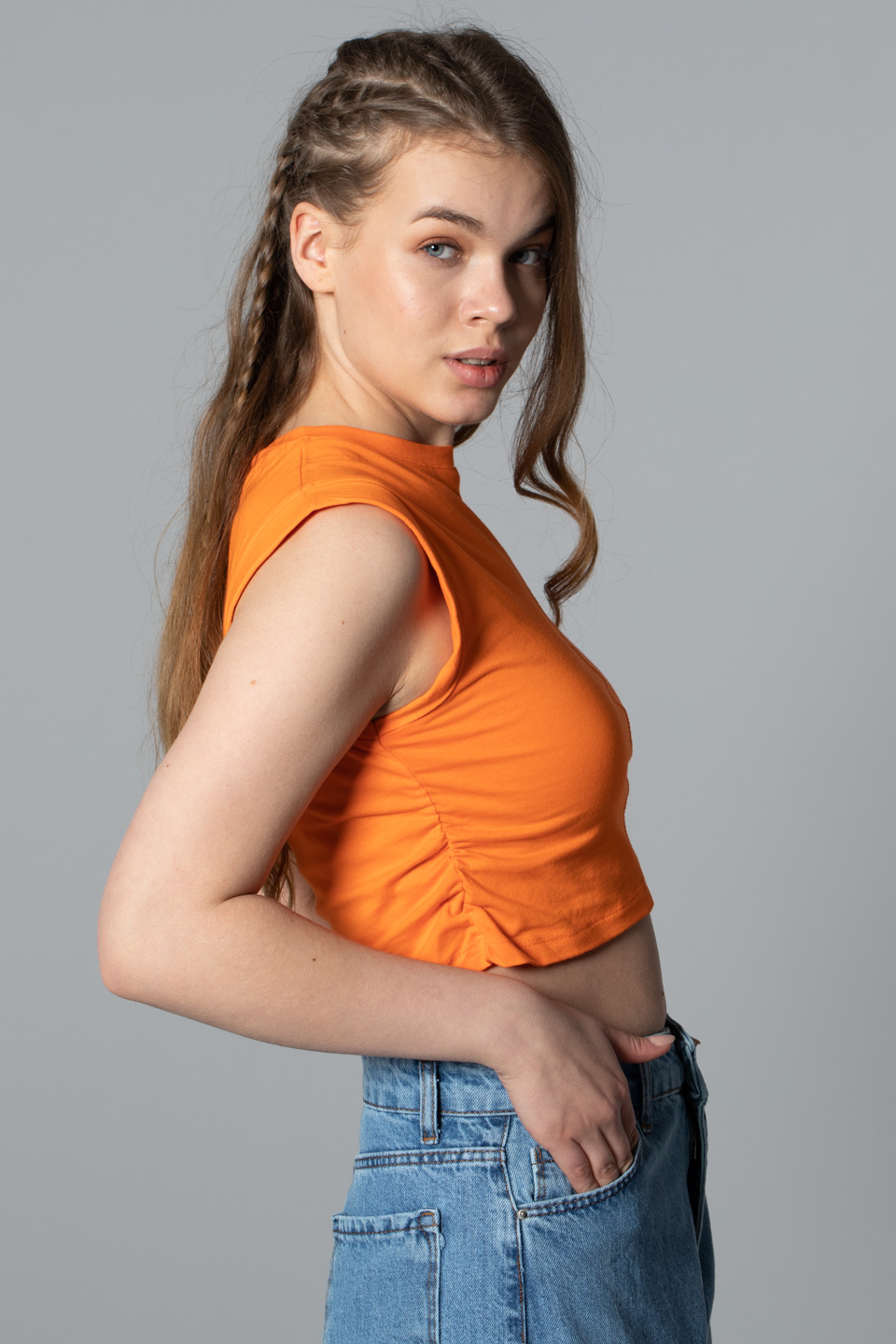 Yanı büzgülü kolsuz crop-6192 Oranj