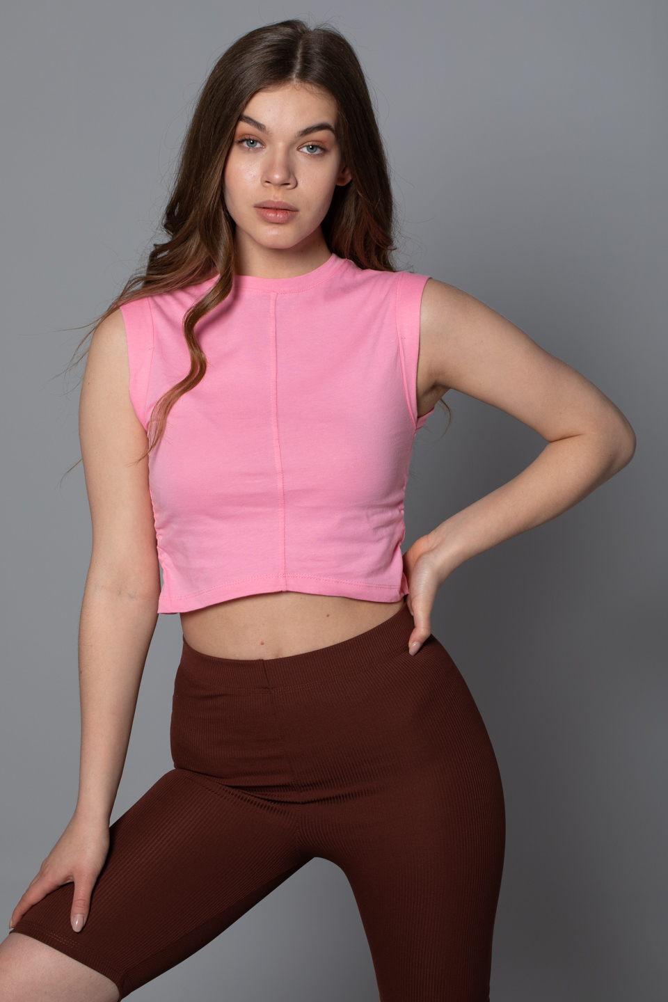 Yanı büzgülü kolsuz crop-6192 Ş.Pembe