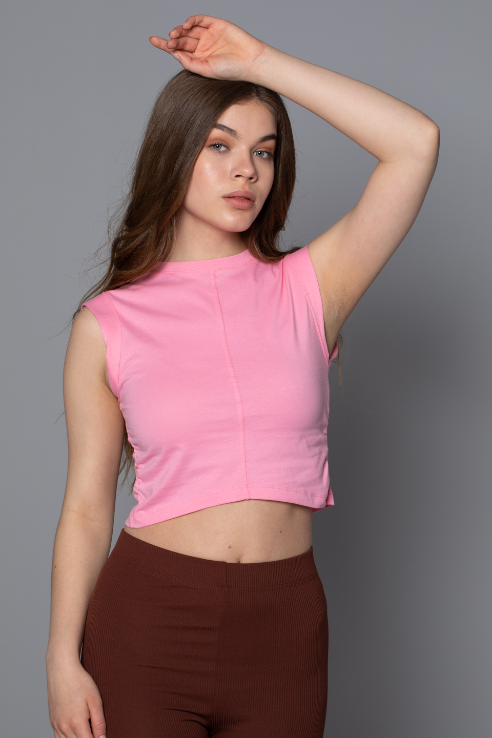 Yanı büzgülü kolsuz crop-6192 Ş.Pembe