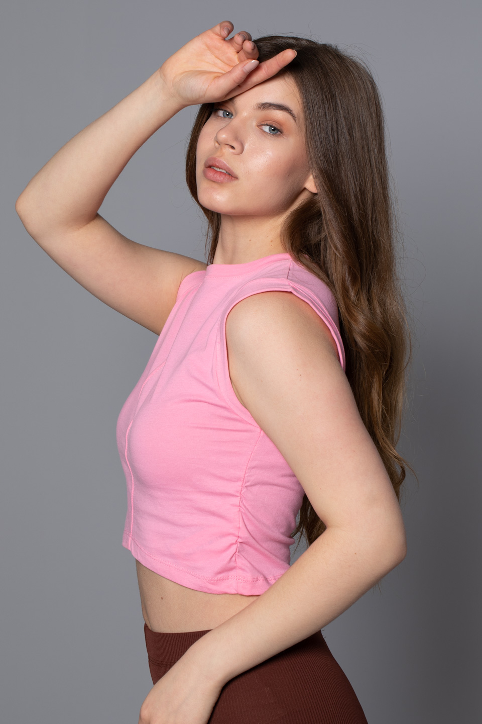 Yanı büzgülü kolsuz crop-6192 Ş.Pembe