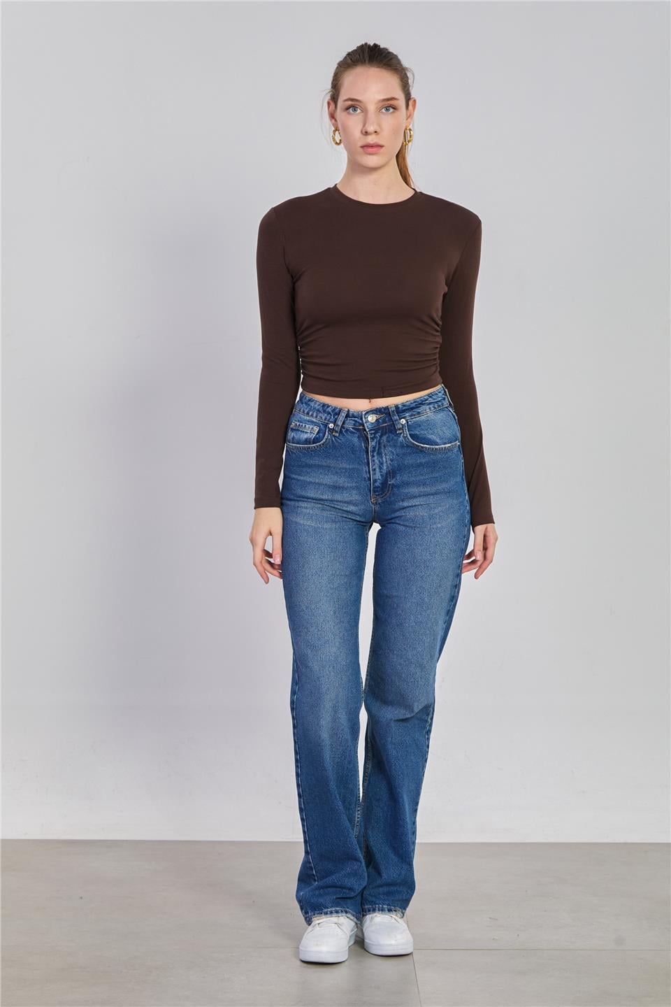 Yanı büzgülü uzun kol body-4164 Kahve