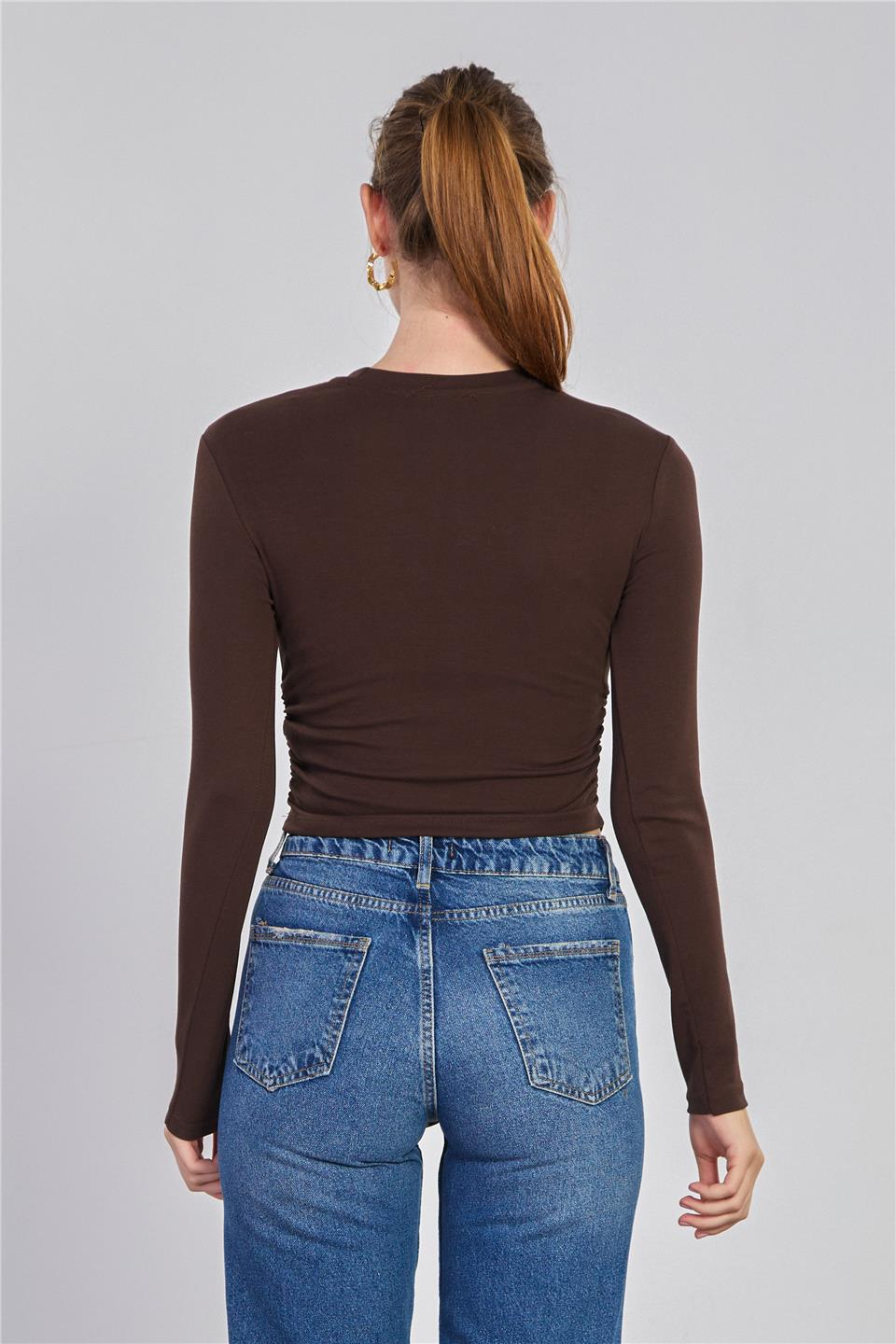 Yanı büzgülü uzun kol body-4164 Kahve
