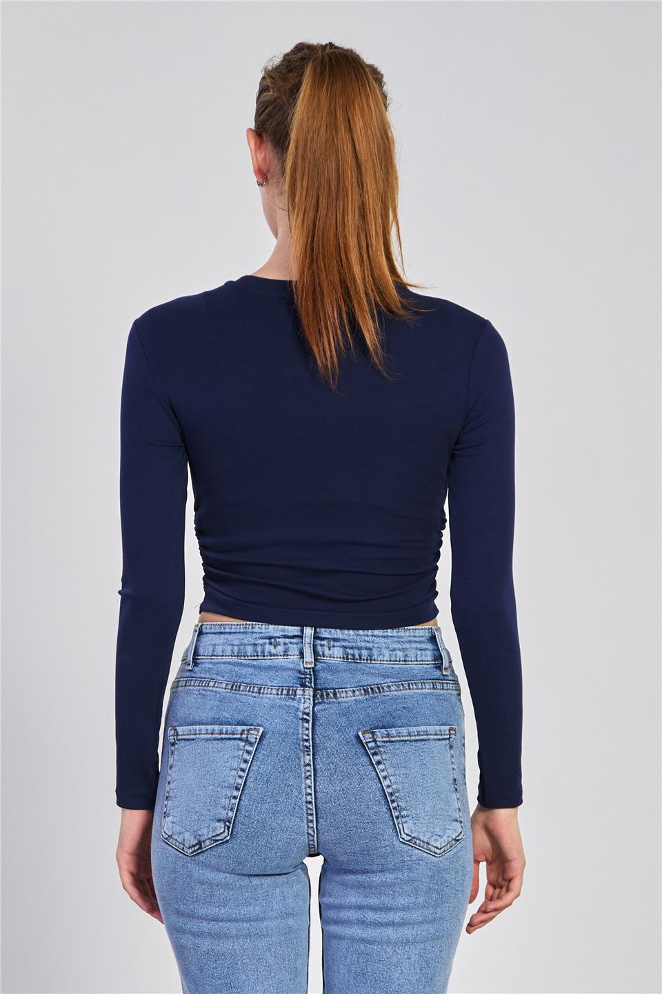 Yanı büzgülü uzun kol body-4164 Lacivert