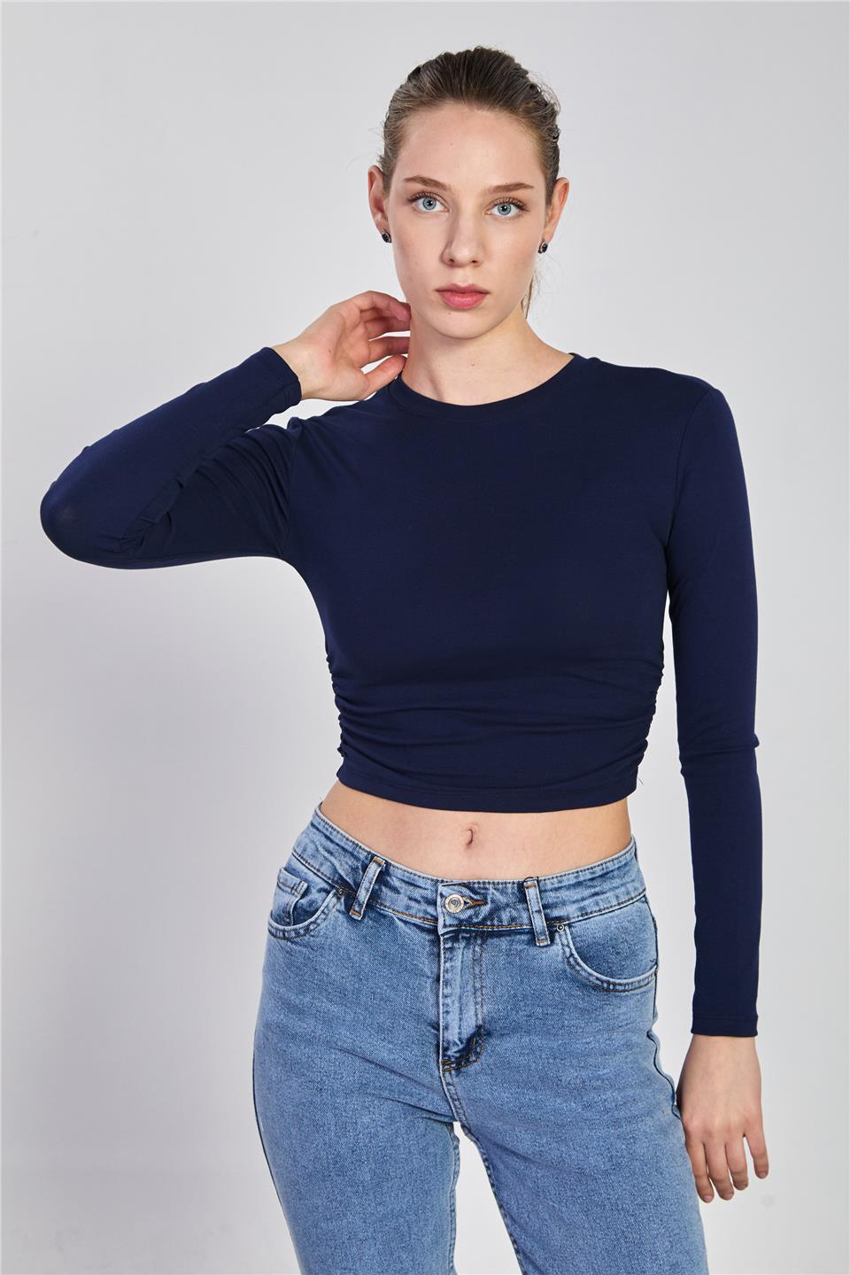 Yanı büzgülü uzun kol body-4164 Lacivert