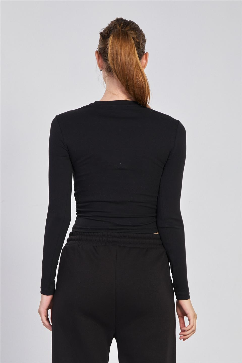 Yanı büzgülü uzun kol body-4164 Siyah