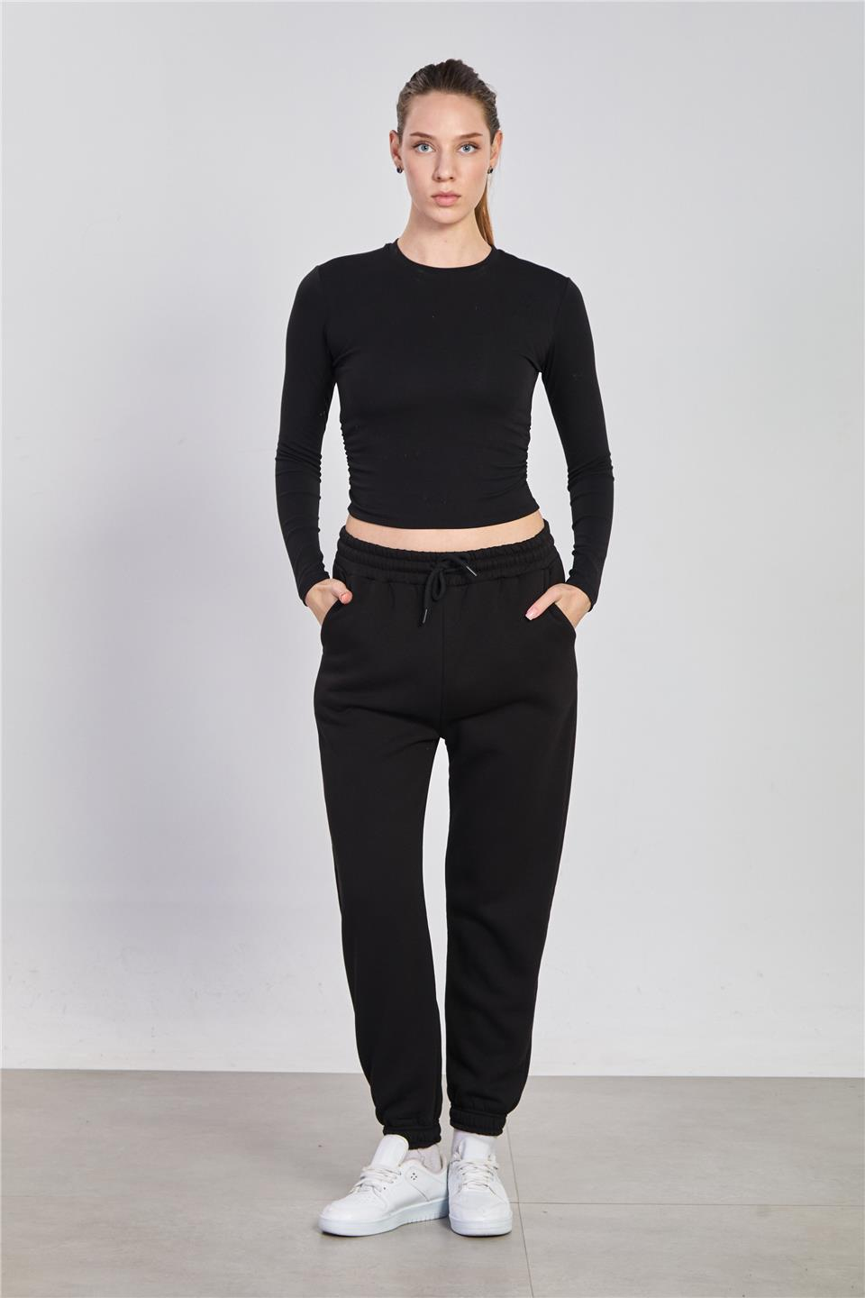 Yanı büzgülü uzun kol body-4164 Siyah