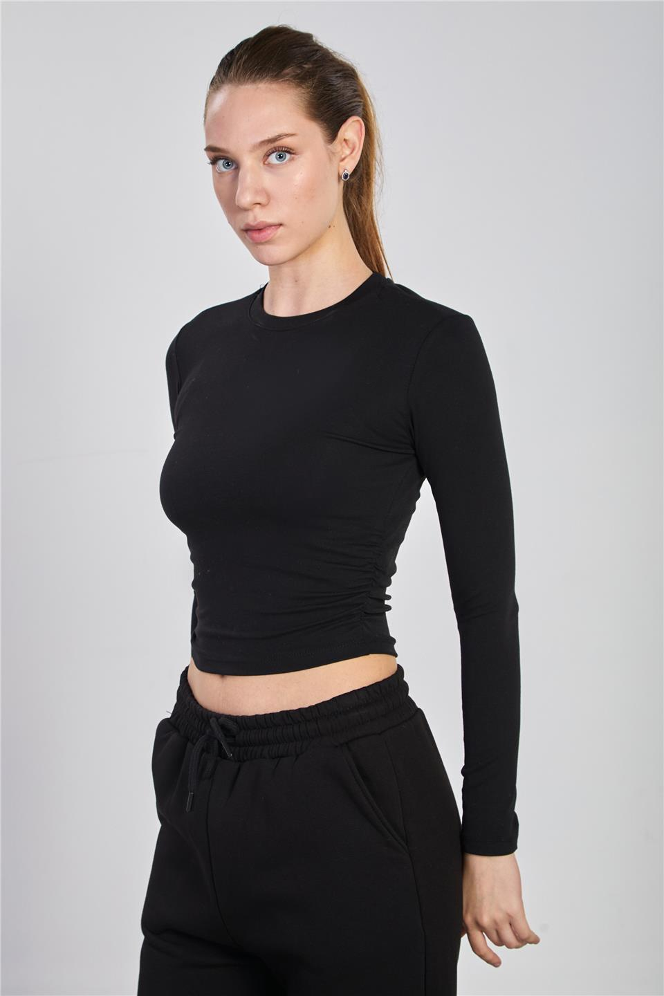 Yanı büzgülü uzun kol body-4164 Siyah