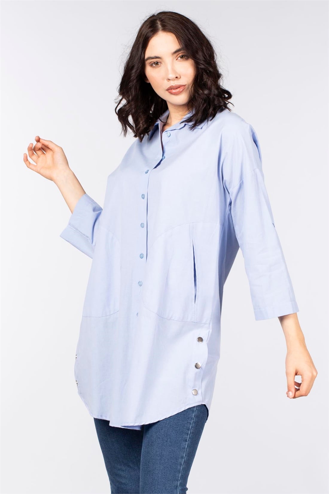 Yanı Çıtçıtlı Cepli Tunik Gömlek-Bebe Mavi
