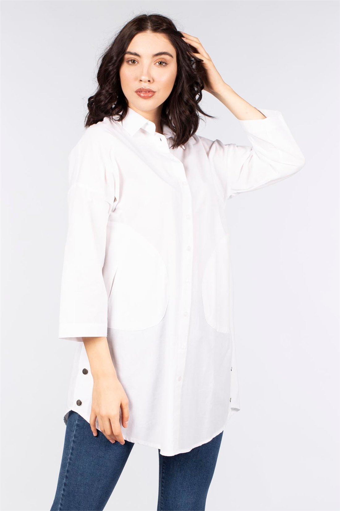Yanı Çıtçıtlı Cepli Tunik Gömlek-Ekru
