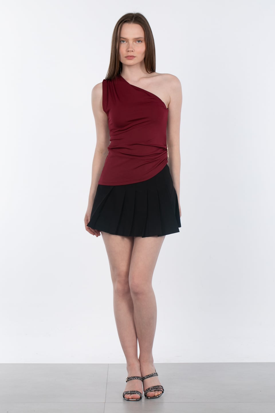 Yanı tokalı tek omuz bluz-2359 Bordo