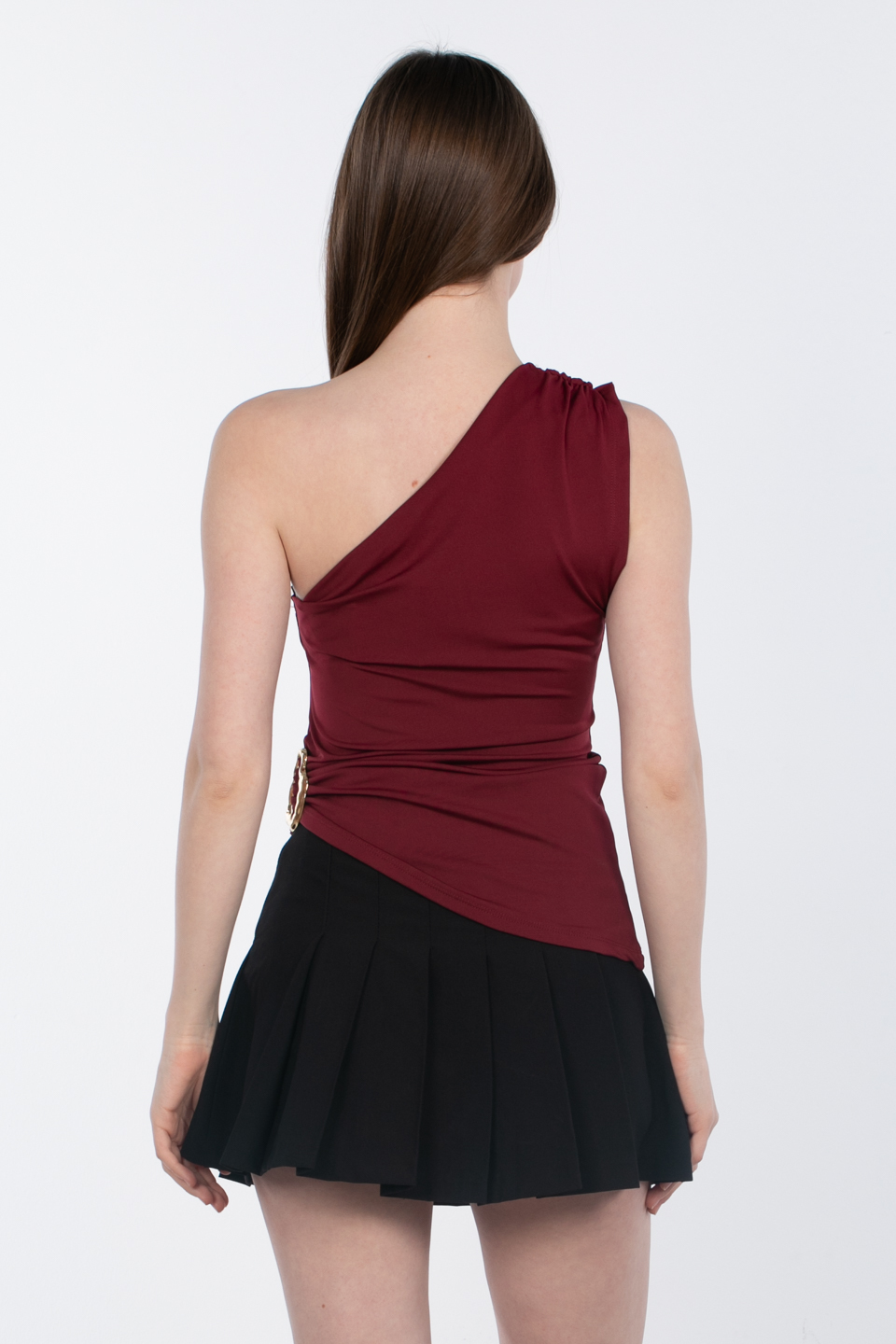 Yanı tokalı tek omuz bluz-2359 Bordo