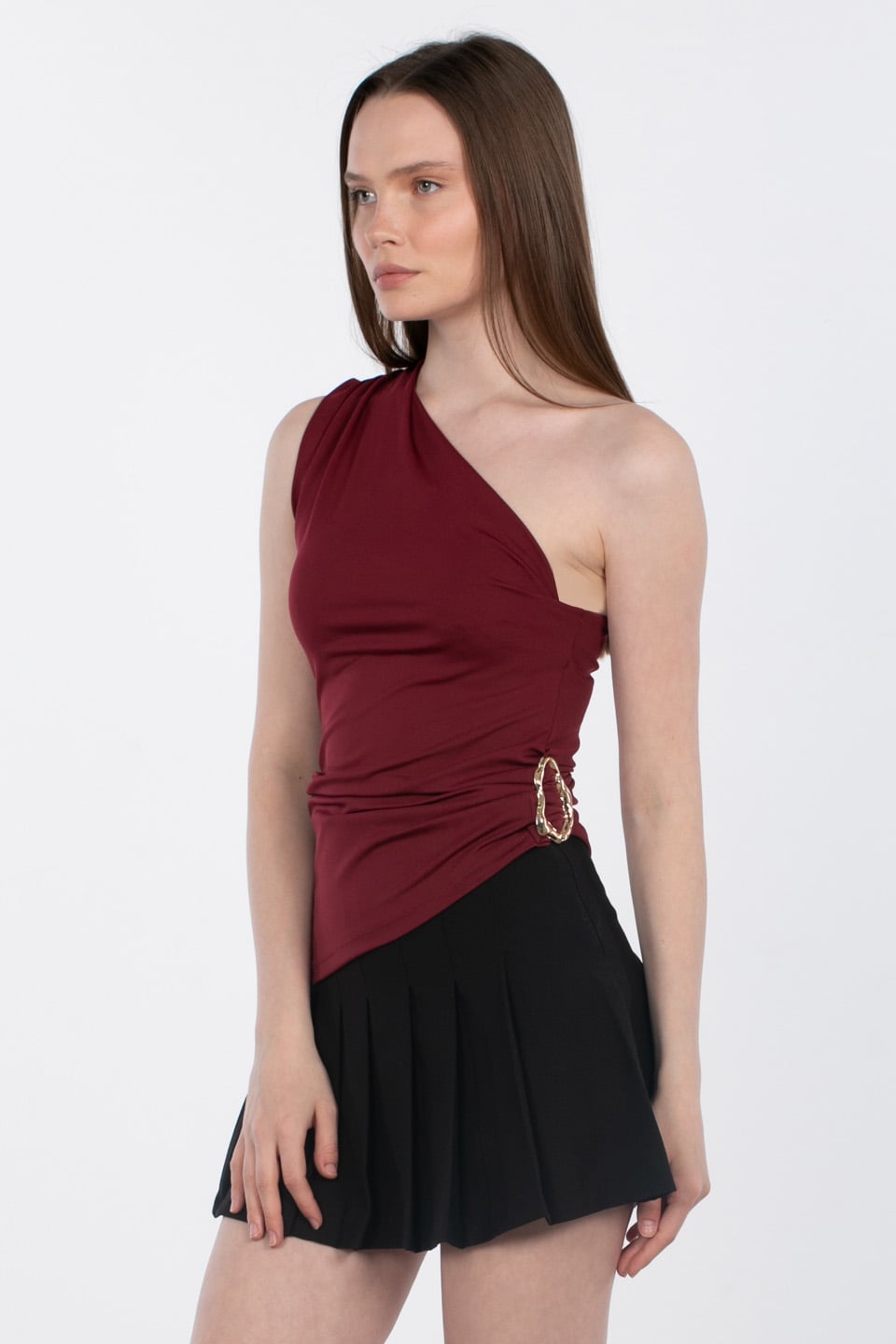 Yanı tokalı tek omuz bluz-2359 Bordo