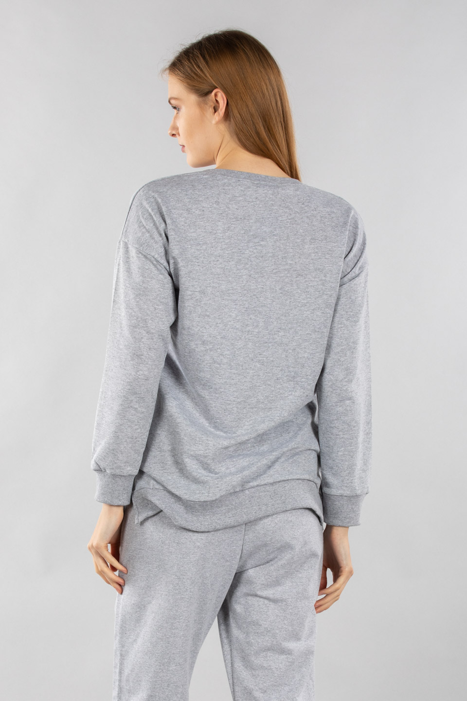 Yanlardan yırtmaçlı sweatshirt-3569 Gri Melanj