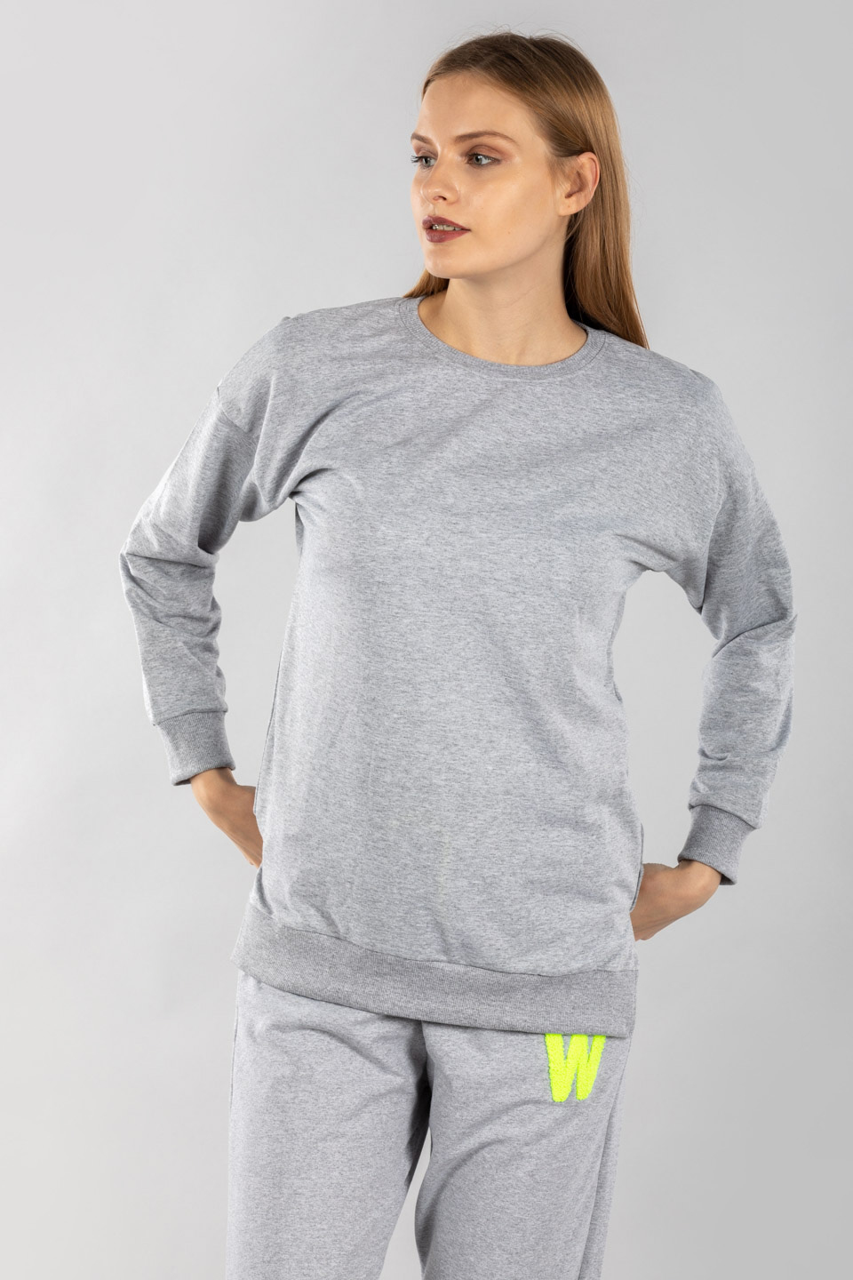 Yanlardan yırtmaçlı sweatshirt-3569 Gri Melanj