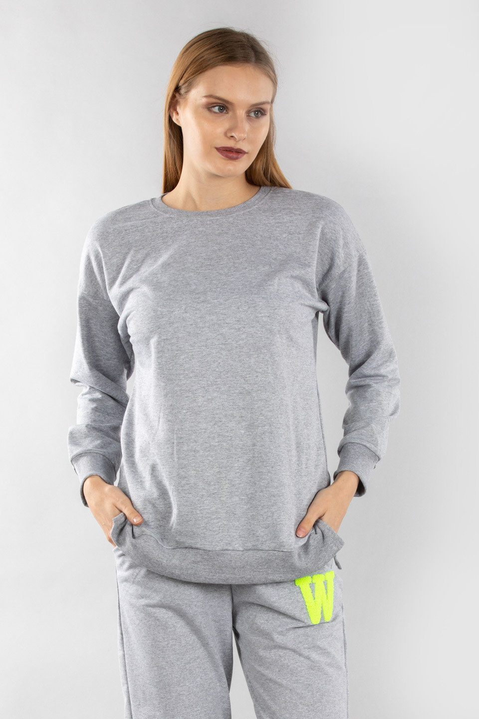 Yanlardan yırtmaçlı sweatshirt-3569 Gri Melanj