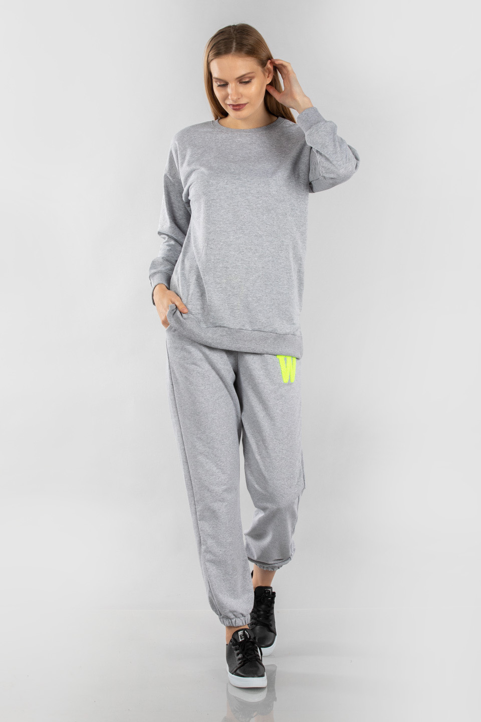Yanlardan yırtmaçlı sweatshirt-3569 Gri Melanj