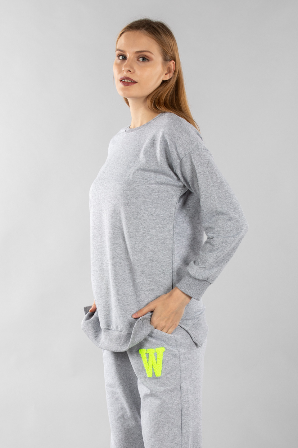 Yanlardan yırtmaçlı sweatshirt-3569 Gri Melanj