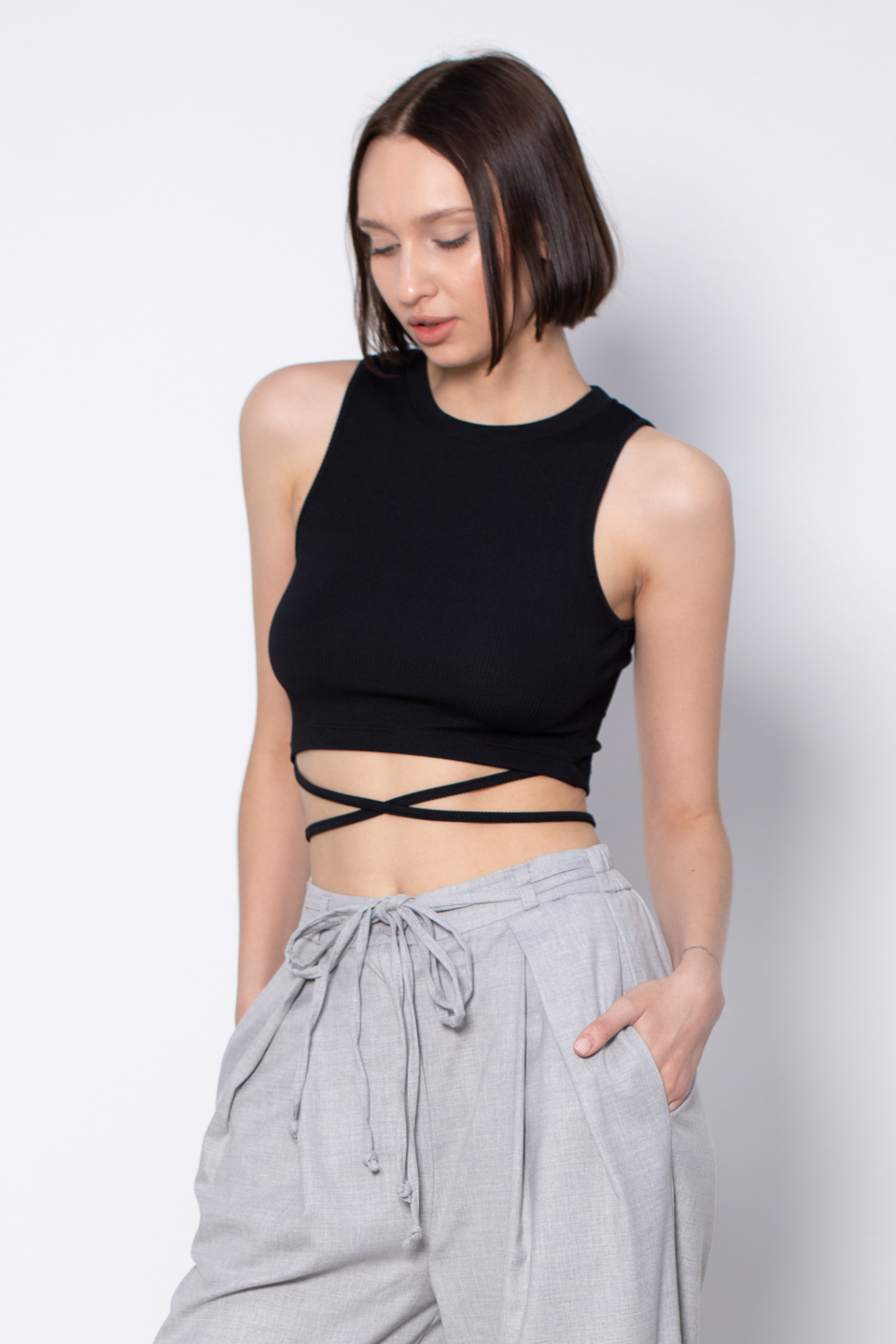 Yanları ipli crop body-5586 Siyah