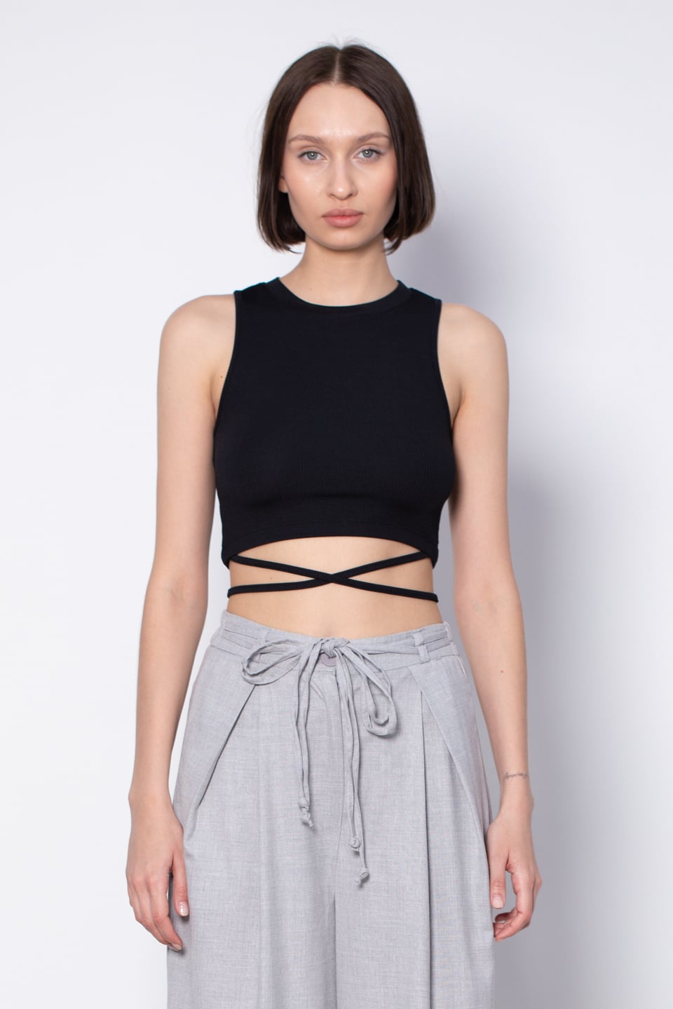 Yanları ipli crop body-5586 Siyah