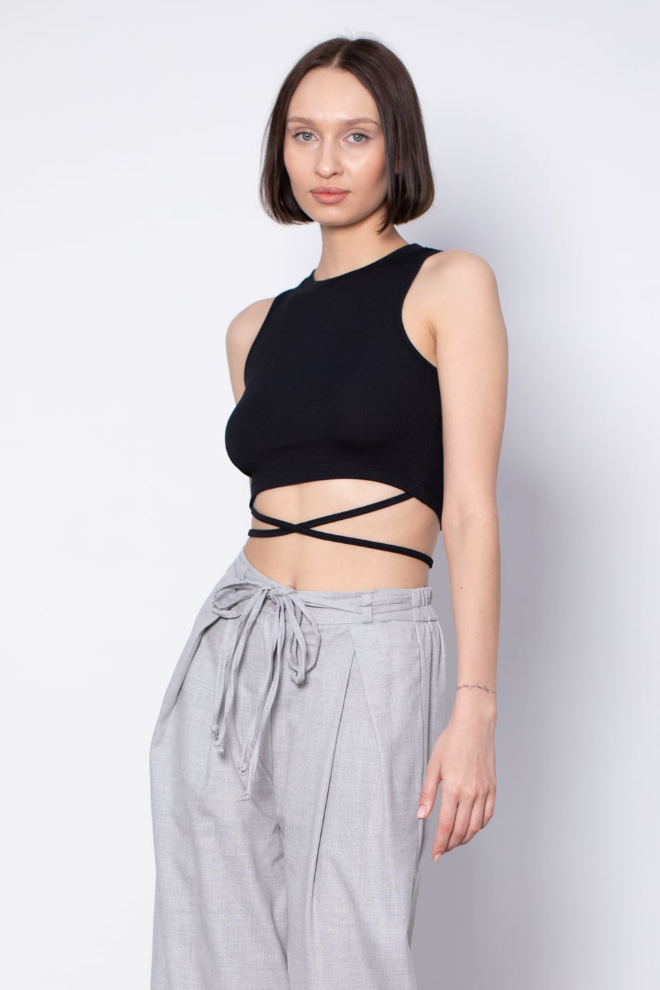 Yanları ipli crop body-5586 Siyah