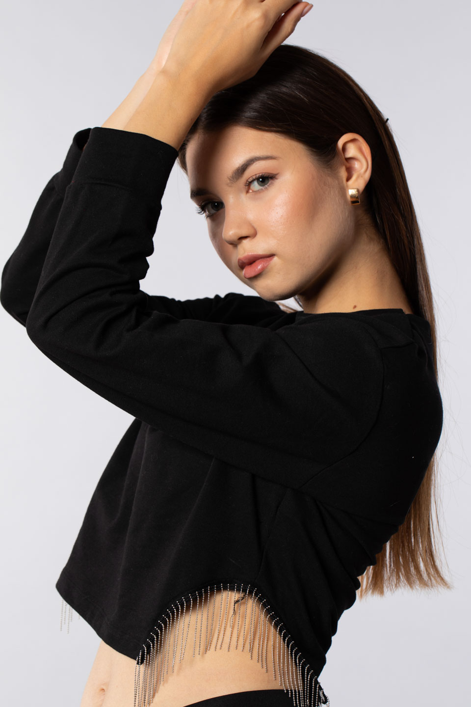 Yanları metal püsküllü sweatshirt-7327 Siyah