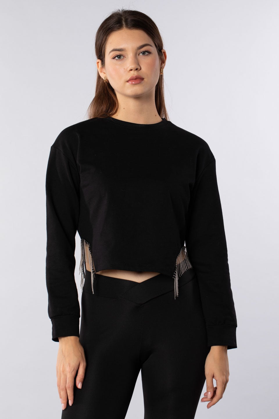 Yanları metal püsküllü sweatshirt-7327 Siyah