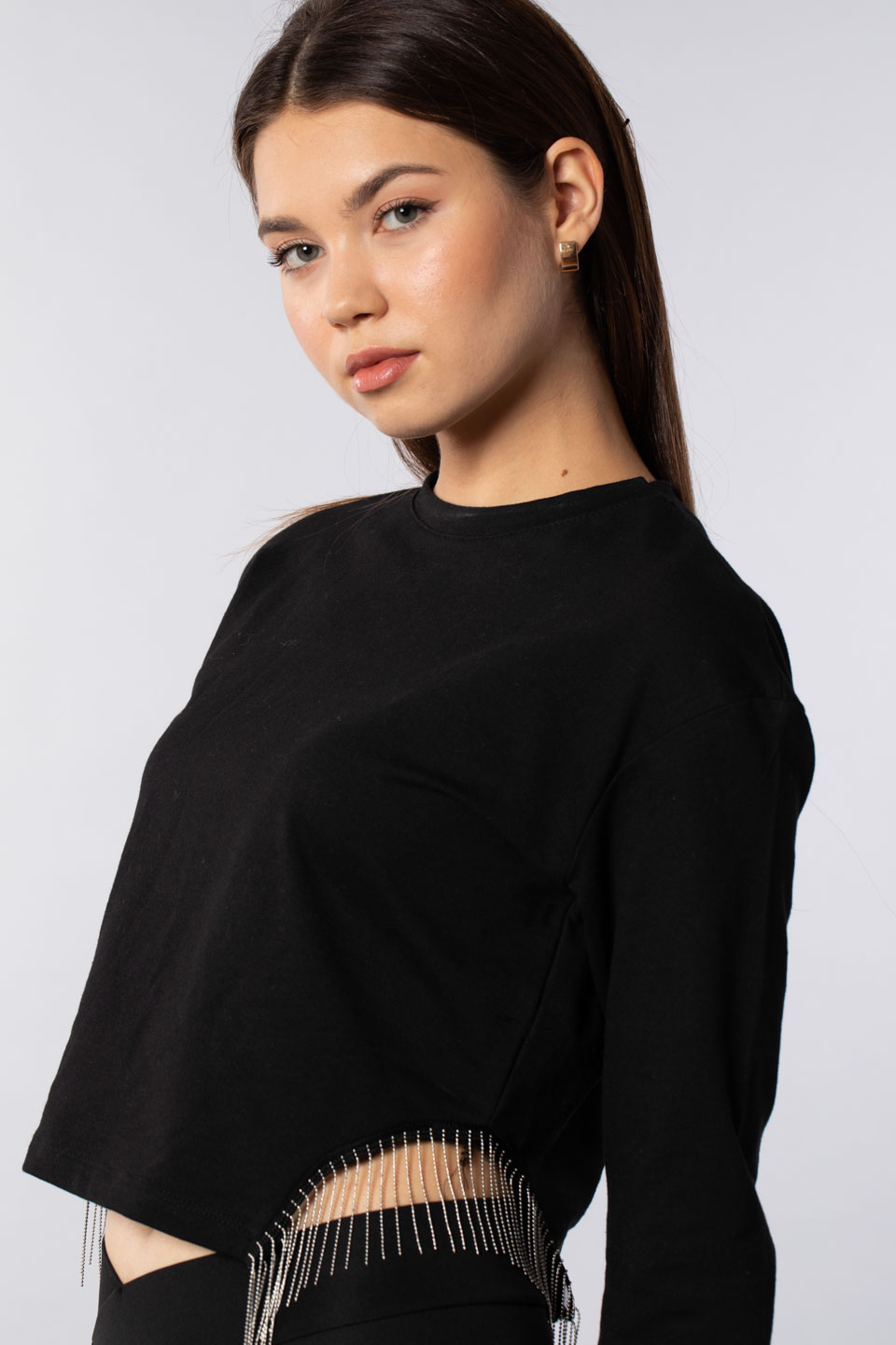 Yanları metal püsküllü sweatshirt-7327 Siyah