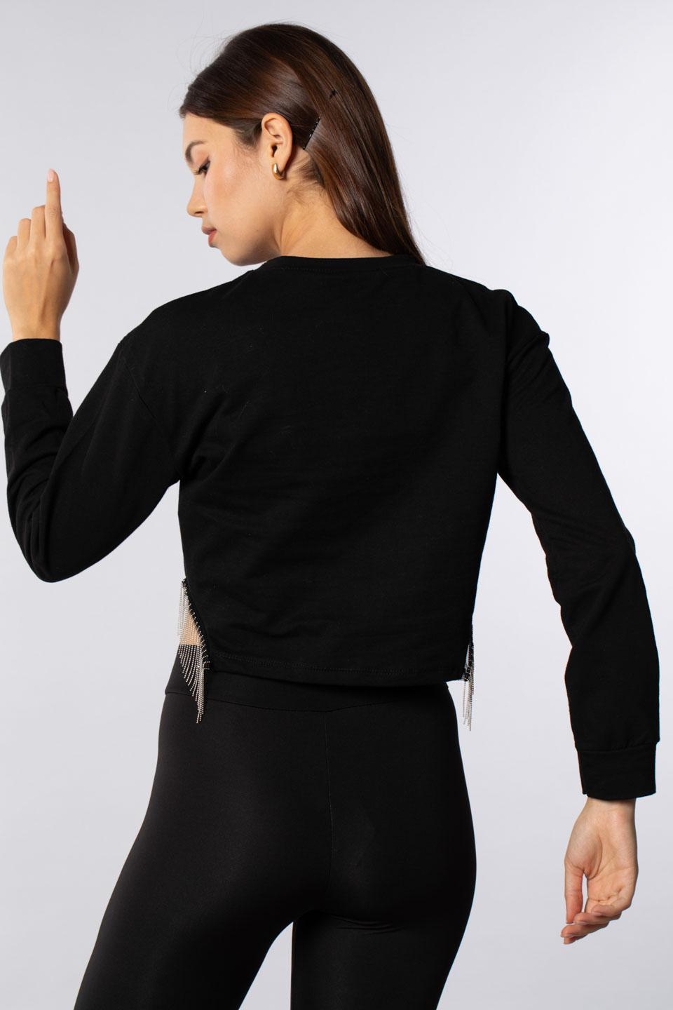 Yanları metal püsküllü sweatshirt-7327 Siyah