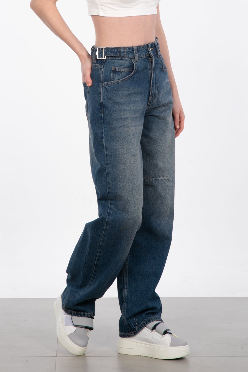 Yanları tokalı baggy jean pantolon-25-1003 Kahve Tint