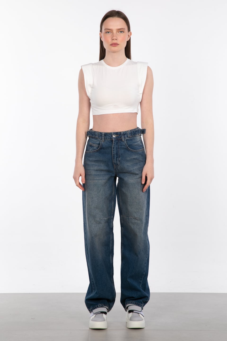 Yanları tokalı baggy jean pantolon-25-1003 Kahve Tint