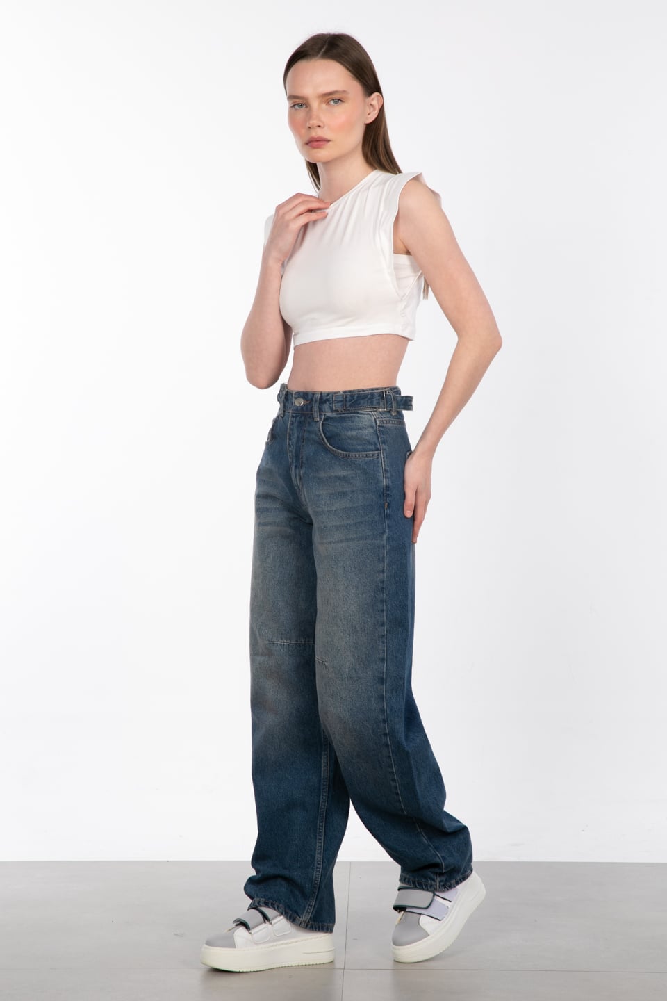 Yanları tokalı baggy jean pantolon-25-1003 Kahve Tint