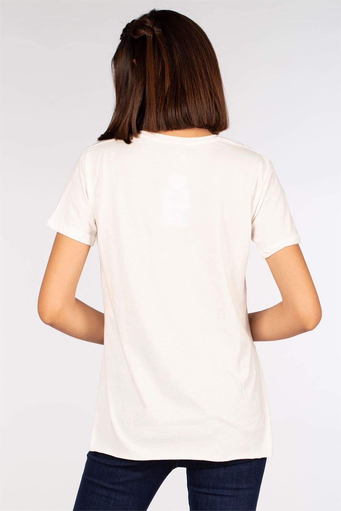 Yanları Yırtmaçlı Basic T-Shirt-Ekru
