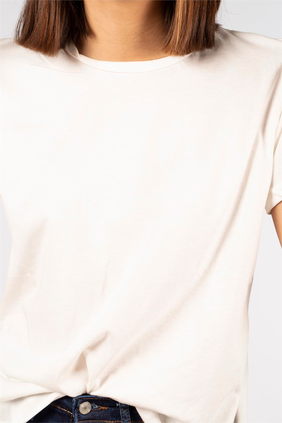 Yanları Yırtmaçlı Basic T-Shirt-Ekru
