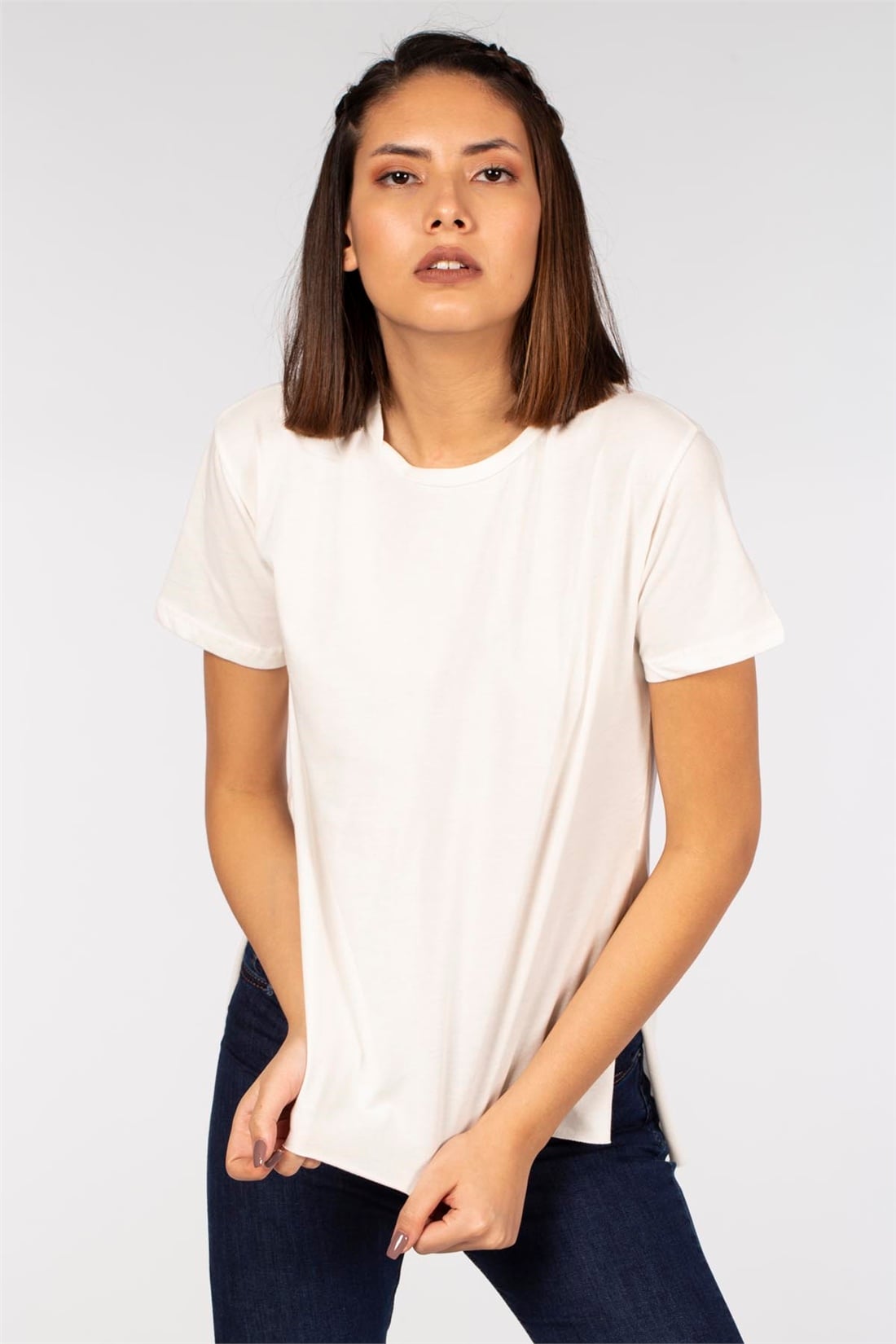 Yanları Yırtmaçlı Basic T-Shirt-Ekru