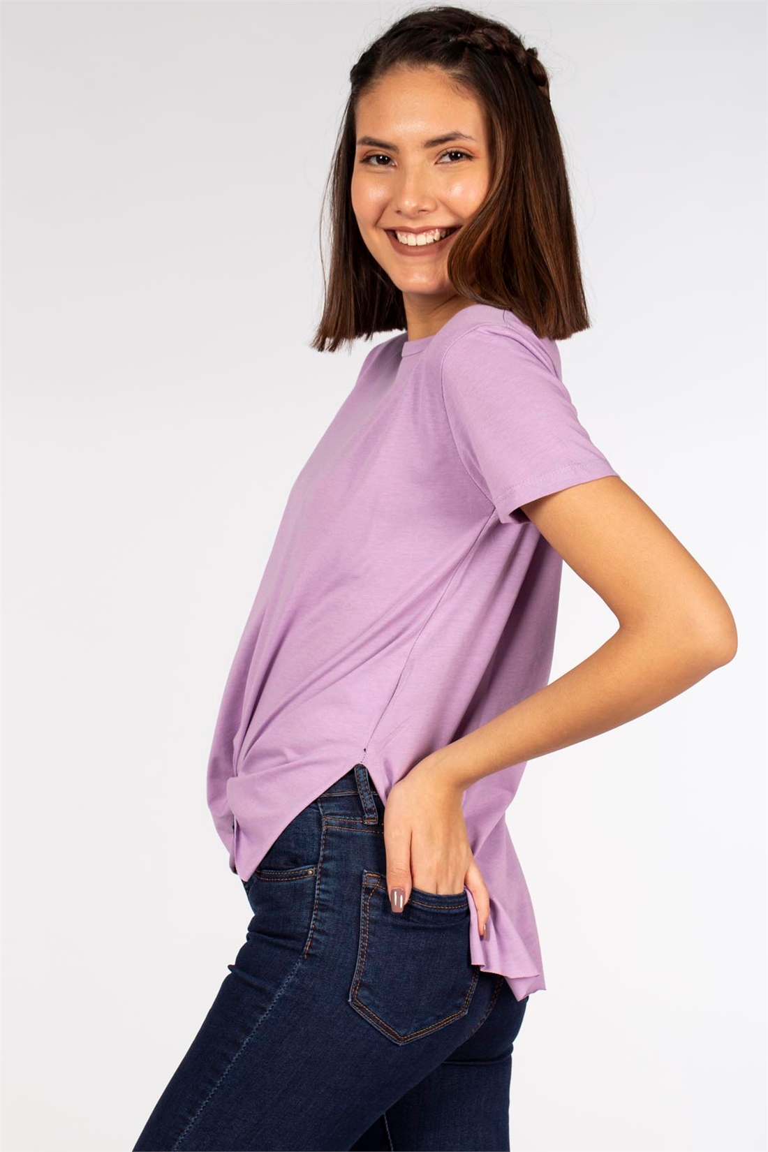 Yanları Yırtmaçlı Basic T-Shirt-Lila