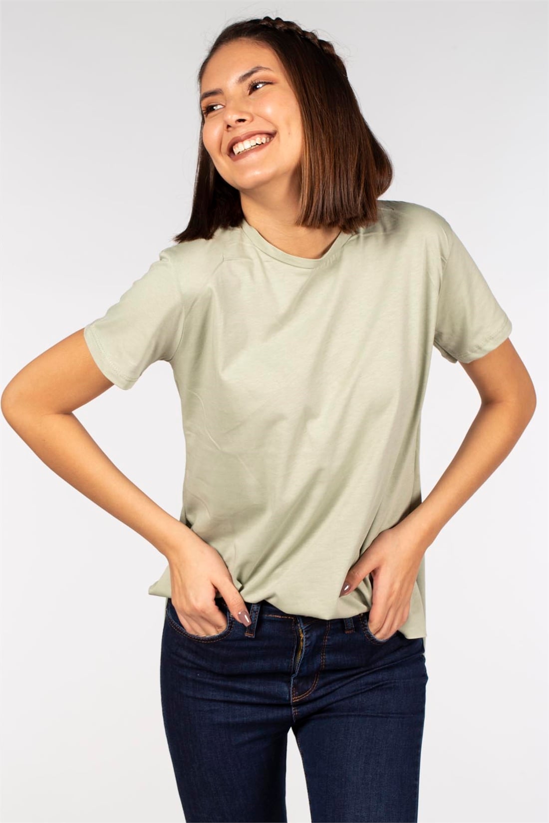 Yanları Yırtmaçlı Basic T-Shirt-Mint