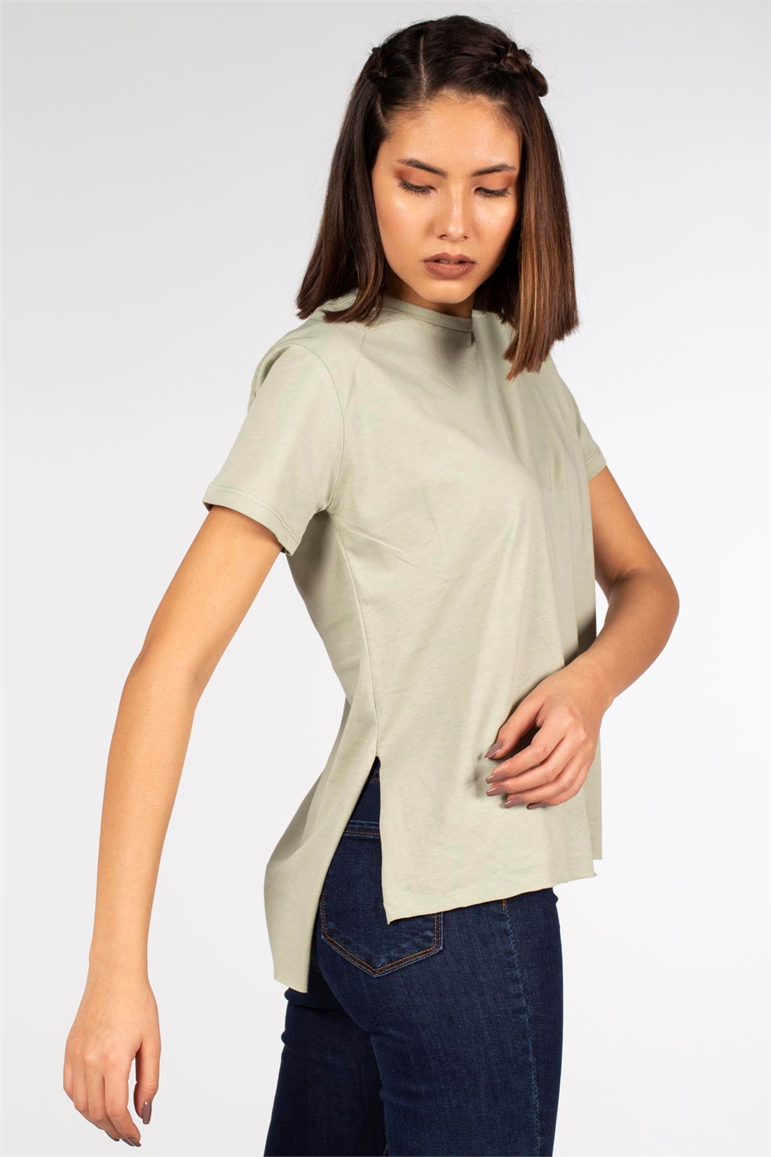 Yanları Yırtmaçlı Basic T-Shirt-Mint