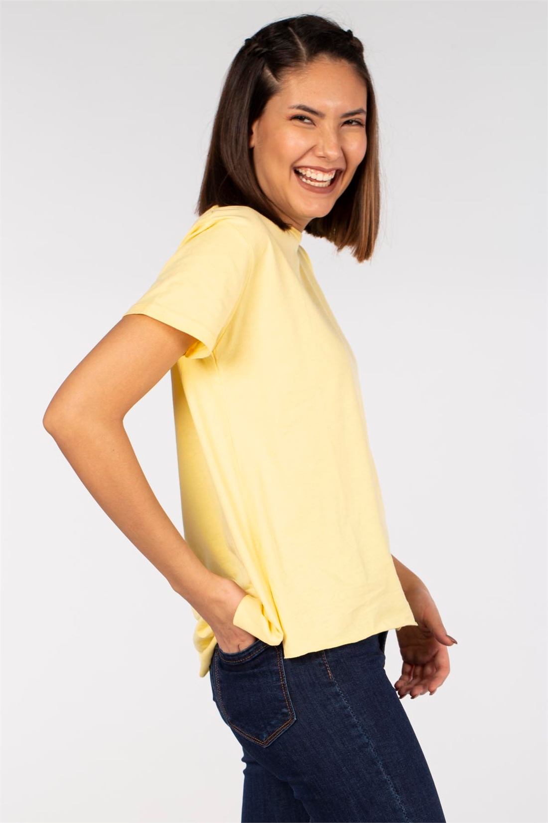 Yanları Yırtmaçlı Basic T-Shirt-Sarı