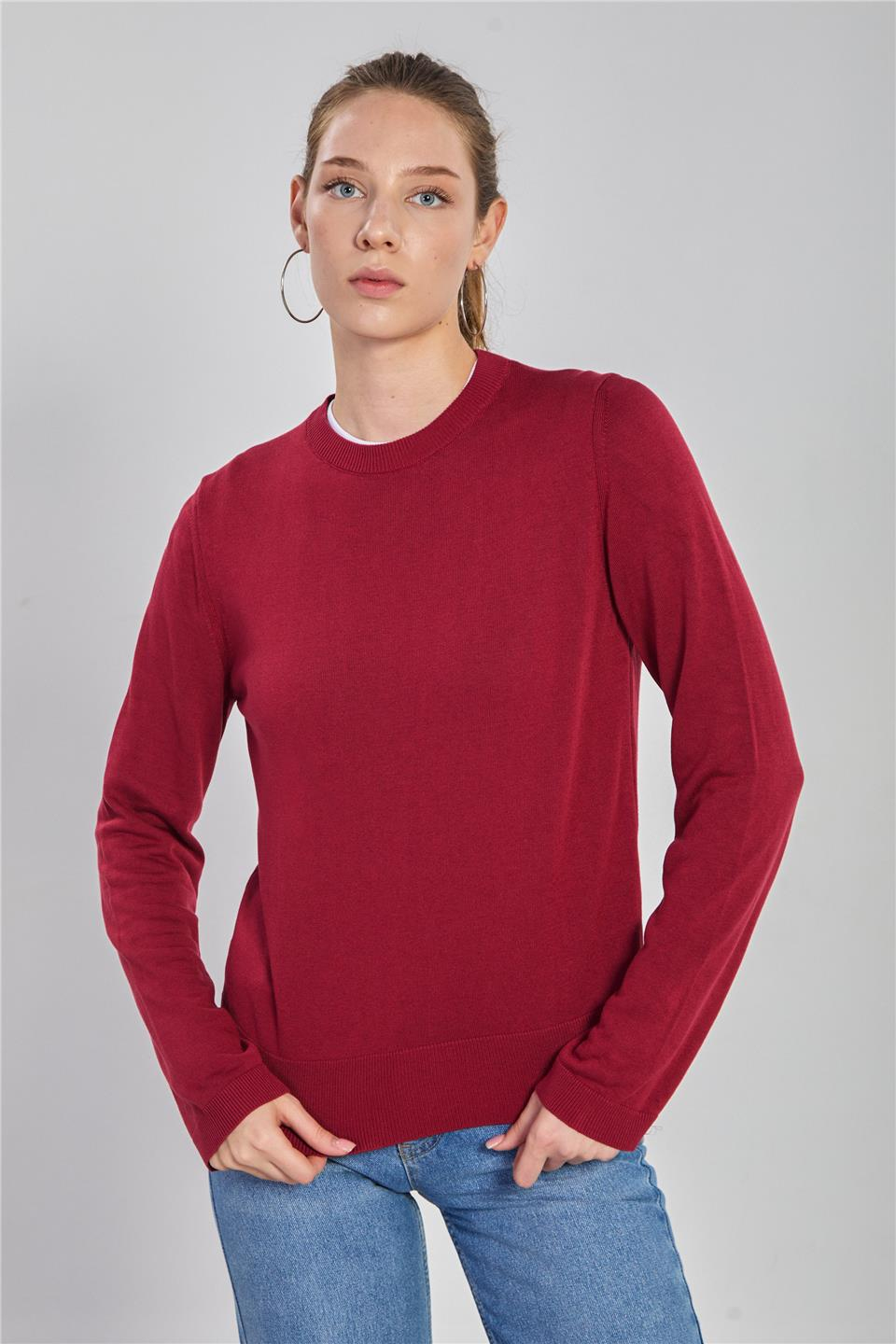 Yanları yırtmaçlı ince triko kazak-6632 Bordo