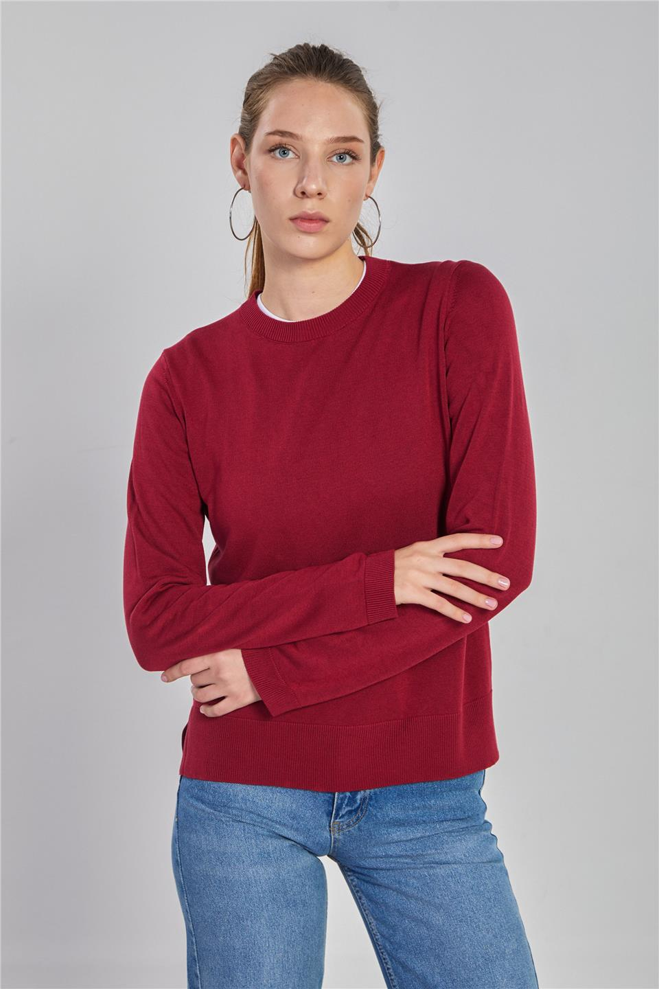 Yanları yırtmaçlı ince triko kazak-6632 Bordo